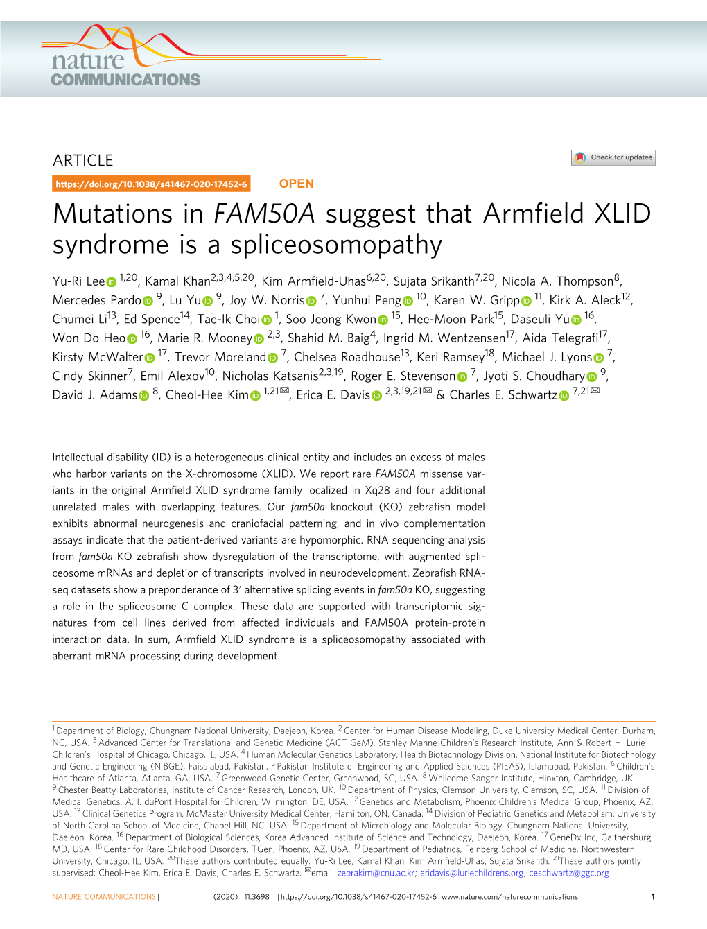 Mutations in FAM50A Suggest That Armfield XLID Syndrome Is