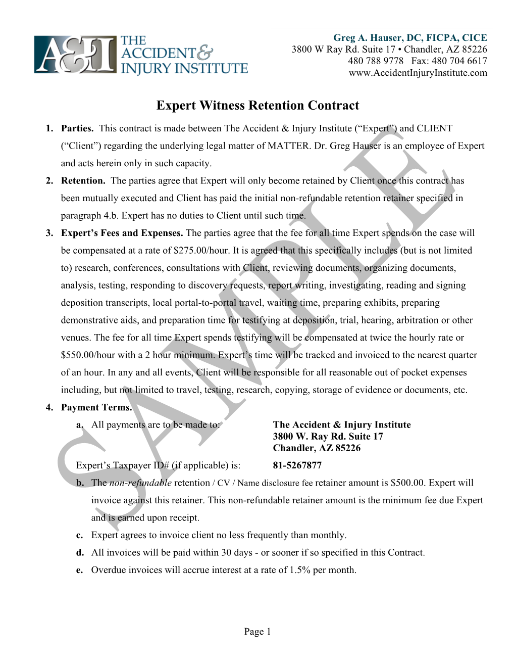 Expert Witness Retention Contract