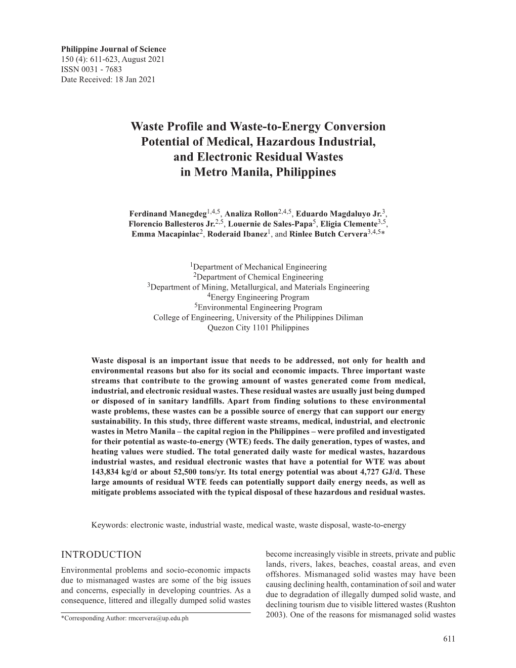 Waste Profile and Waste-To-Energy Conversion Potential of Medical, Hazardous Industrial, and Electronic Residual Wastes in Metro Manila, Philippines