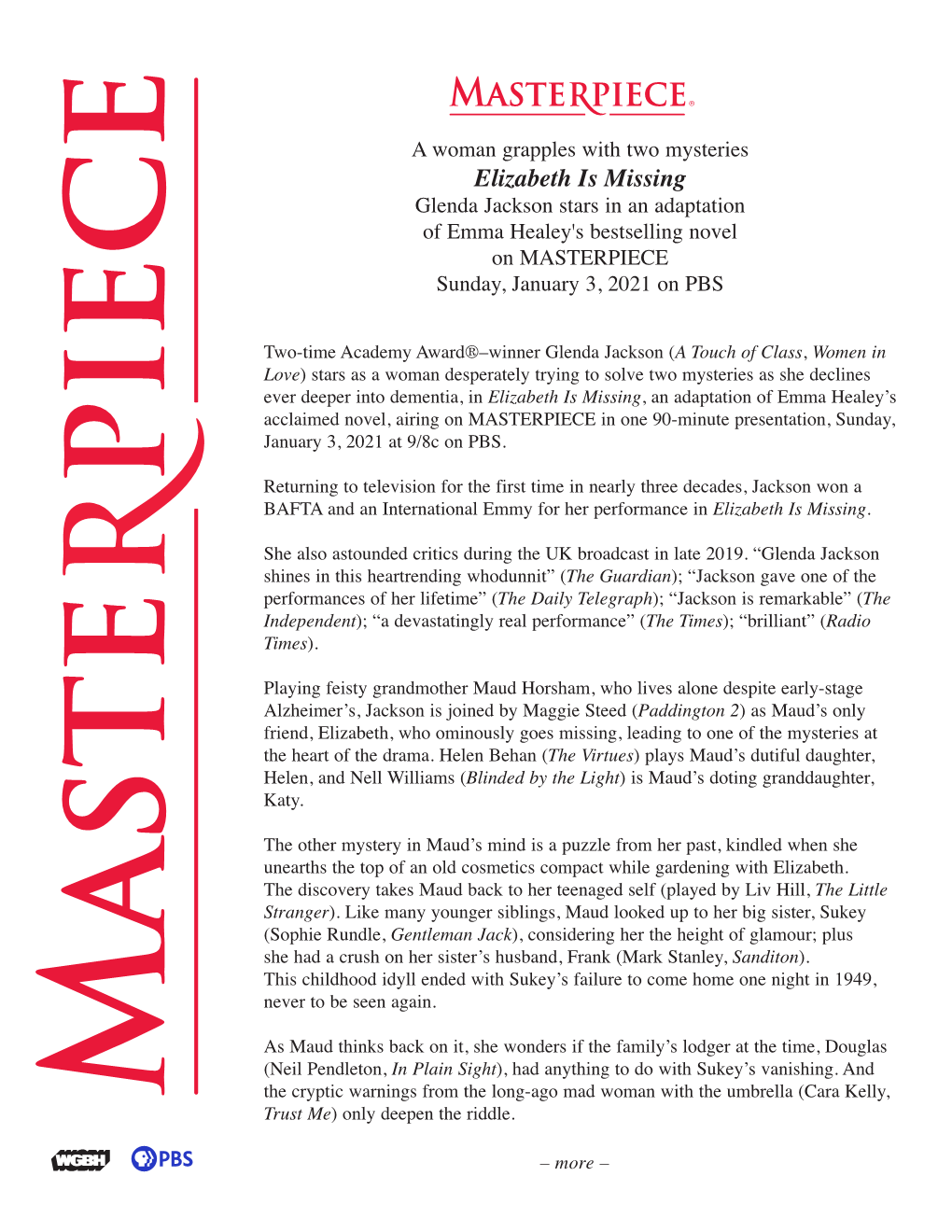 Elizabeth Is Missing Glenda Jackson Stars in an Adaptation of Emma Healey's Bestselling Novel on MASTERPIECE Sunday, January 3, 2021 on PBS