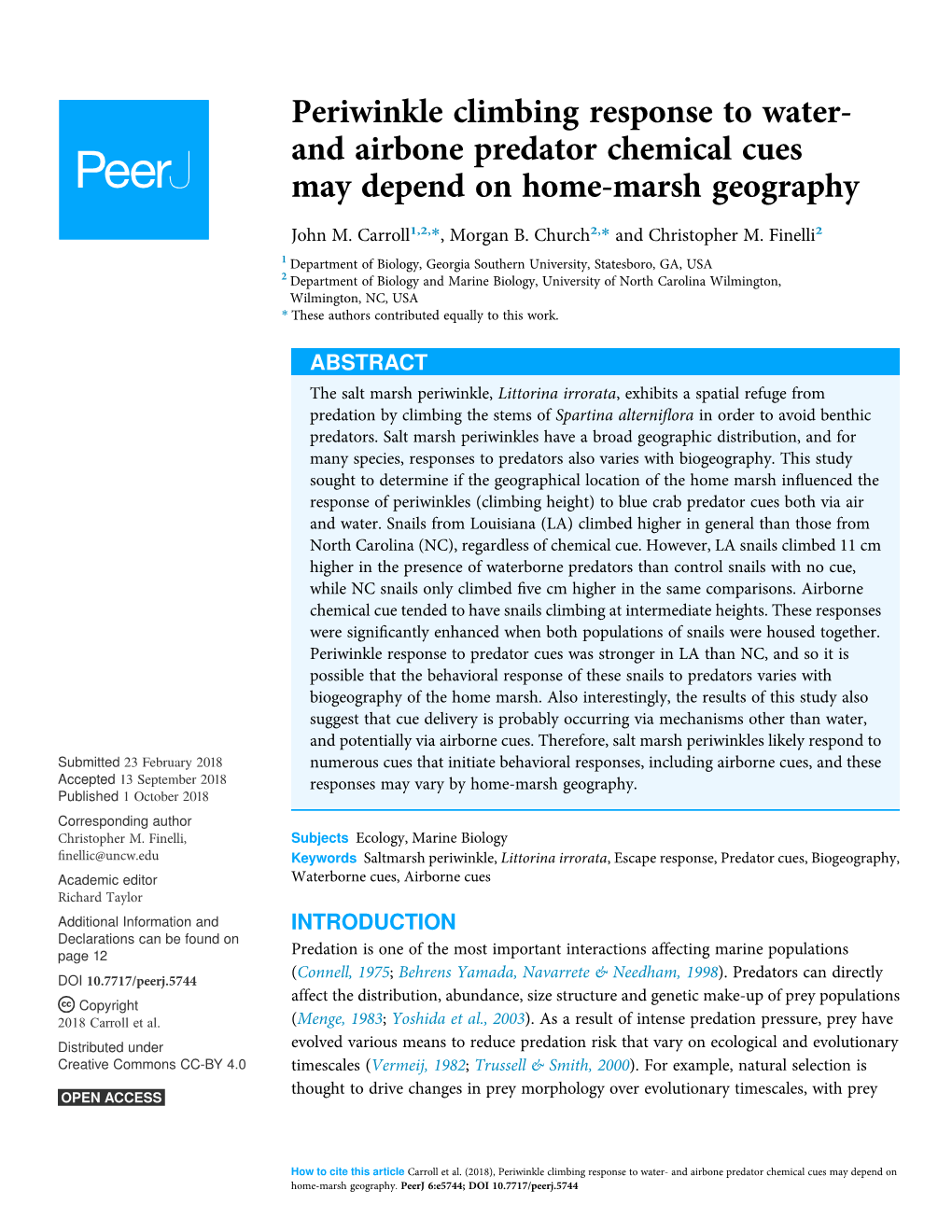 Periwinkle Climbing Response to Water- and Airbone Predator Chemical Cues May Depend on Home-Marsh Geography