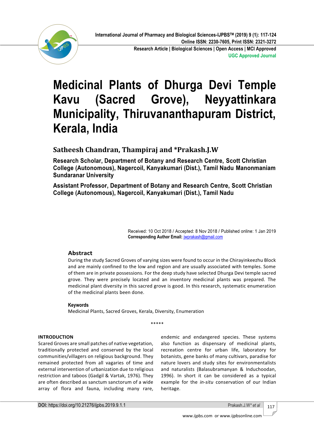 Medicinal Plants of Dhurga Devi Temple Kavu (Sacred Grove), Neyyattinkara Municipality, Thiruvananthapuram District, Kerala, India