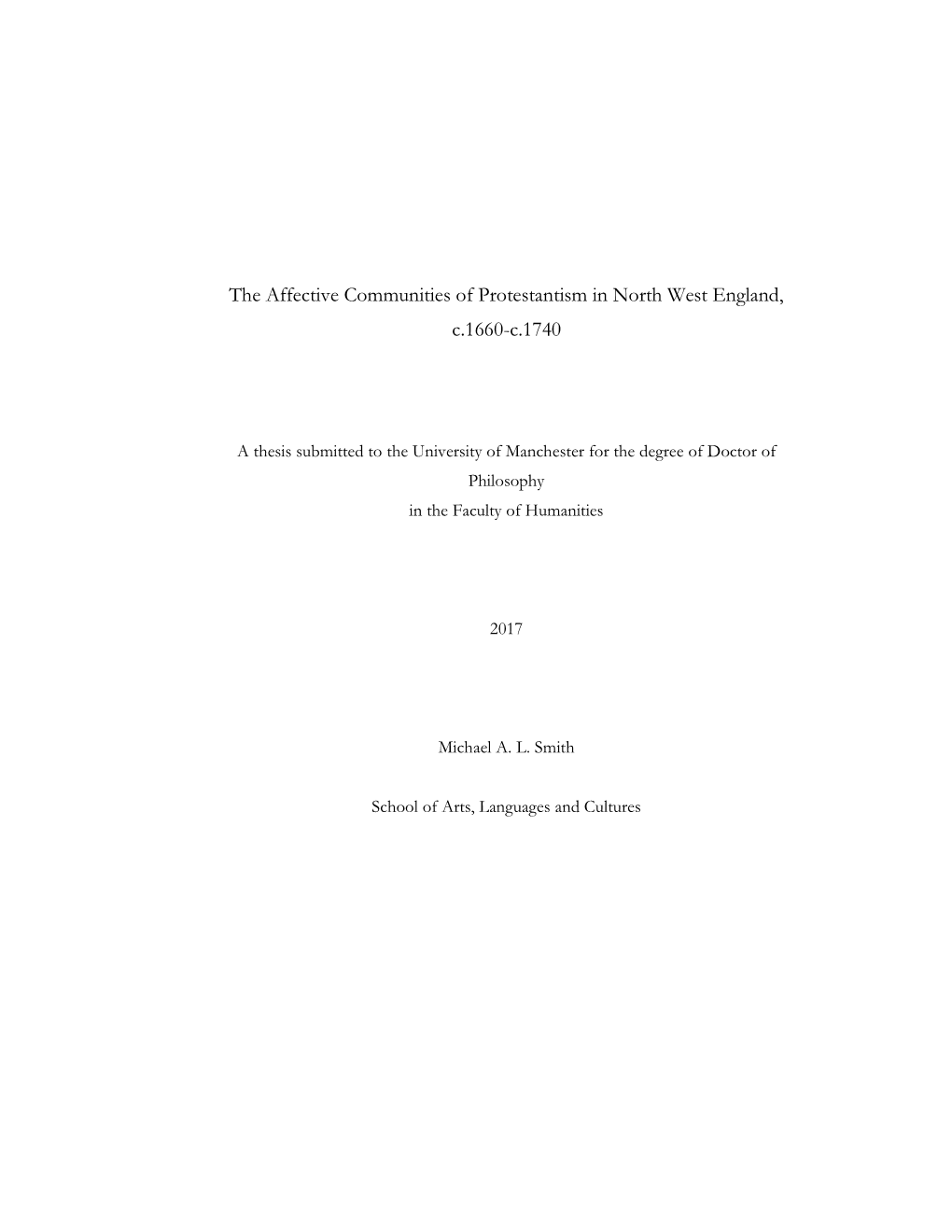 The Affective Communities of Protestantism in North West England, C.1660-C.1740