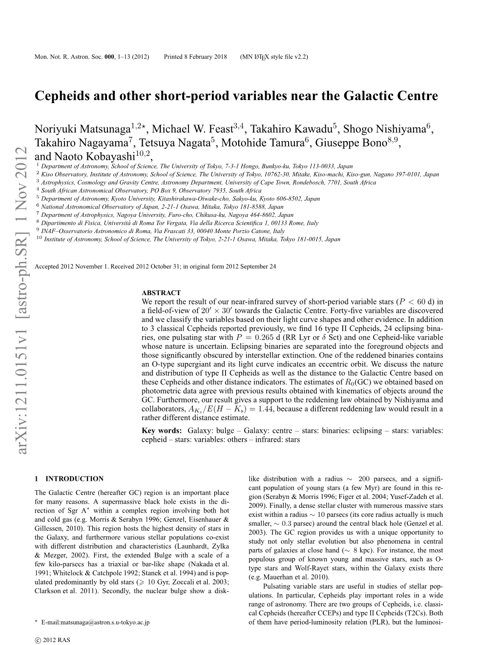 Cepheids and Other Short-Period Variables Near the Galactic Centre