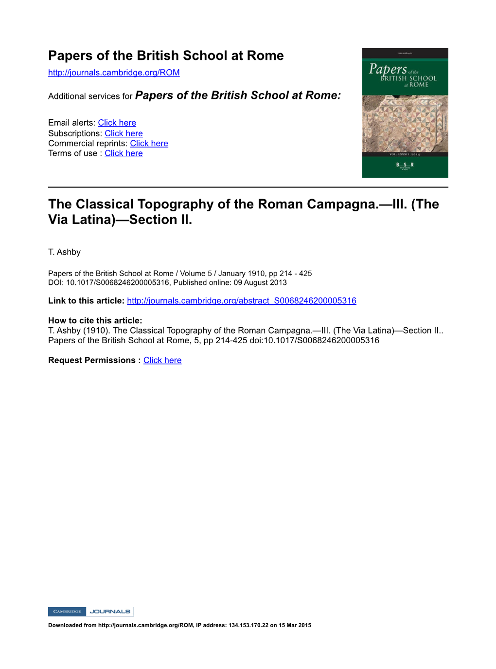 Papers of the British School at Rome The