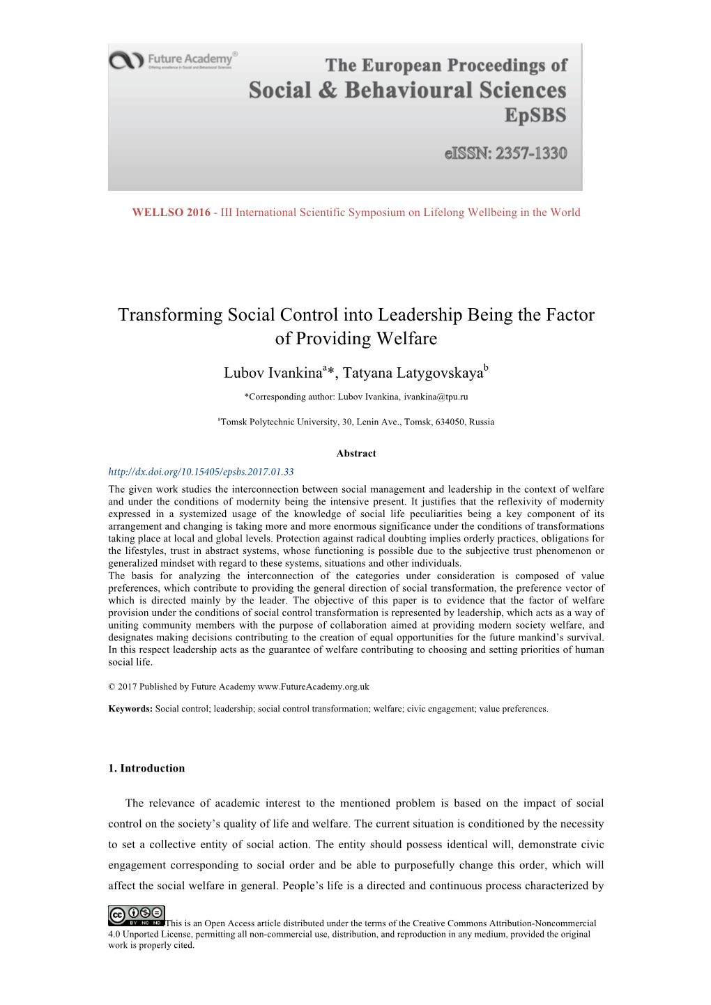 Transforming Social Control Into Leadership Being the Factor of Providing Welfare