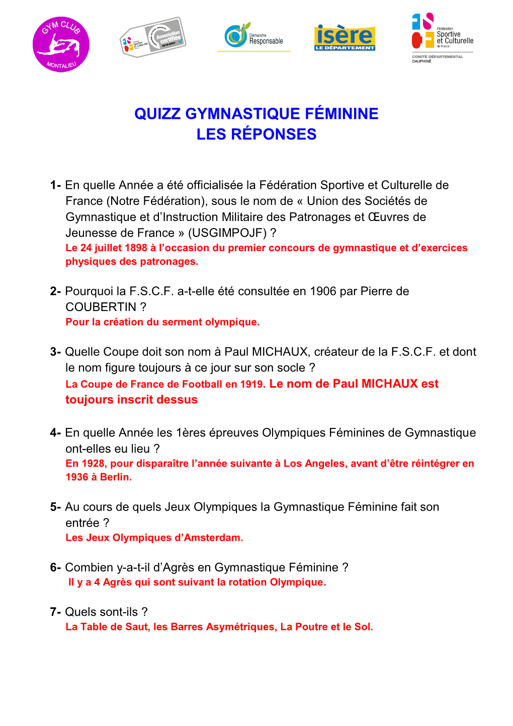 Quizz Gymnastique Féminine Les Réponses