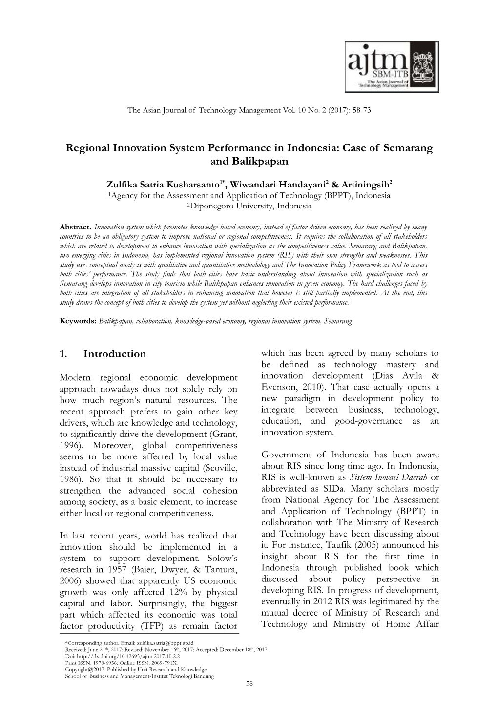 Regional Innovation System Performance in Indonesia: Case of Semarang and Balikpapan