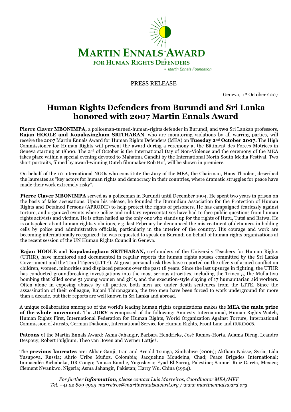 Human Rights Defenders from Burundi and Sri Lanka Honored with 2007 Martin Ennals Award