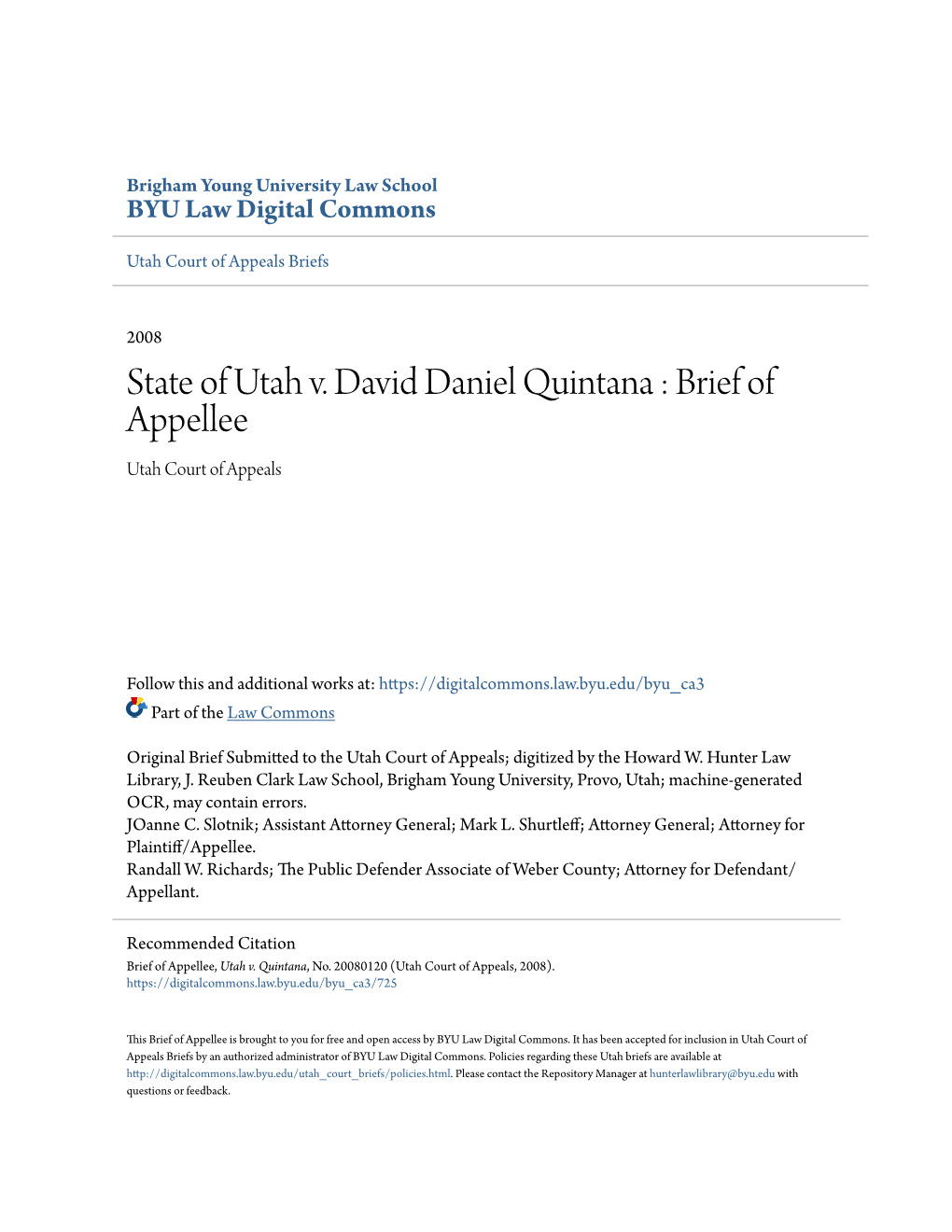 State of Utah V. David Daniel Quintana : Brief of Appellee Utah Court of Appeals