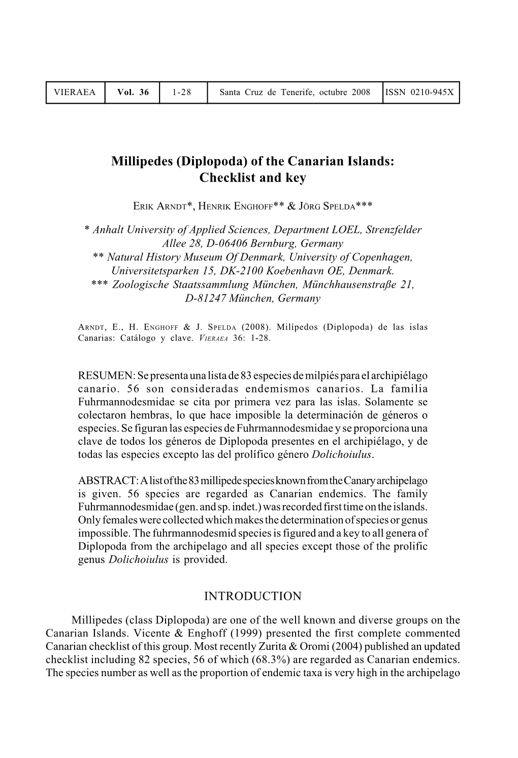 Millipedes (Diplopoda) of the Canarian Islands: Checklist and Key