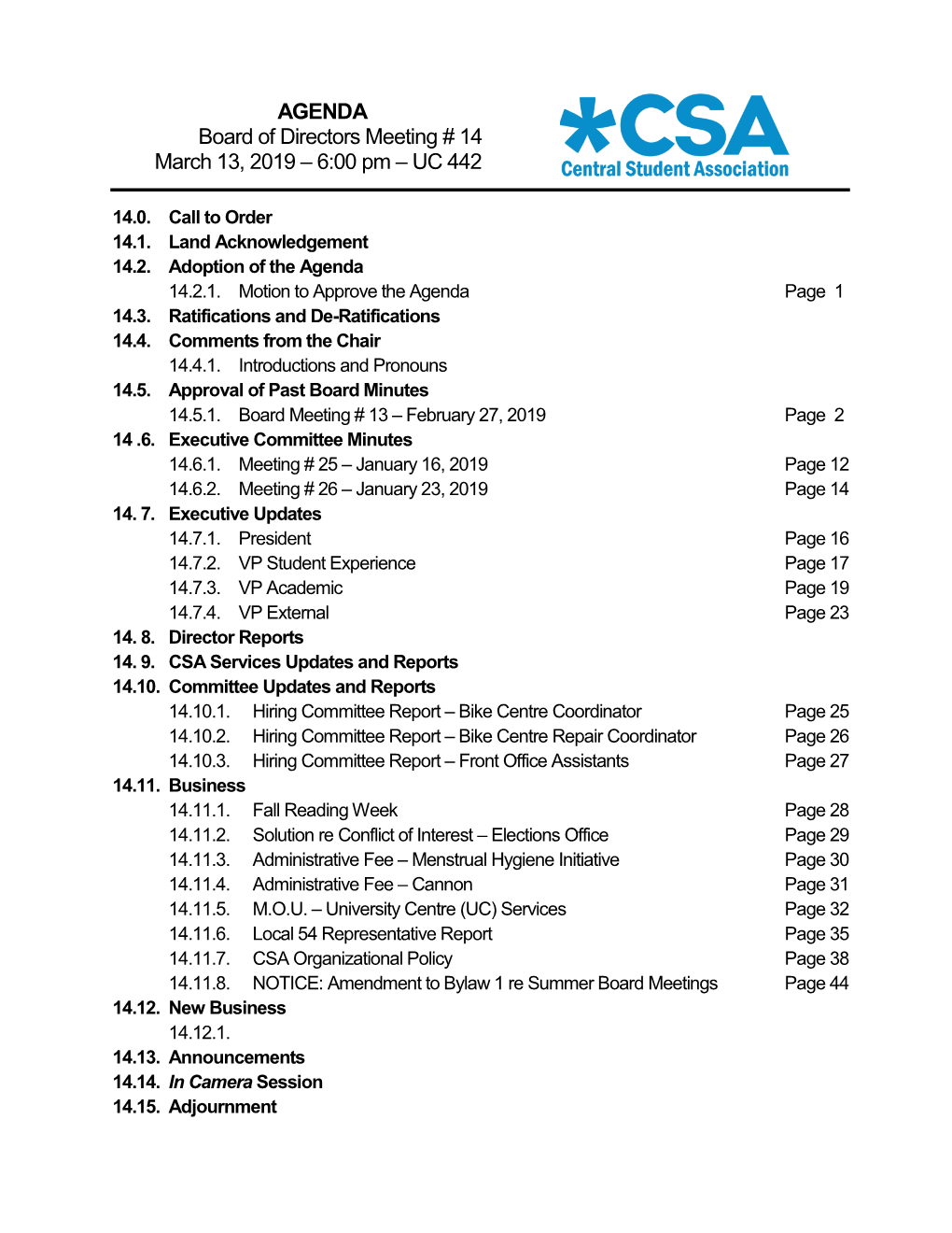 AGENDA Board of Directors Meeting # 14 March 13, 2019 – 6:00 Pm – UC 442