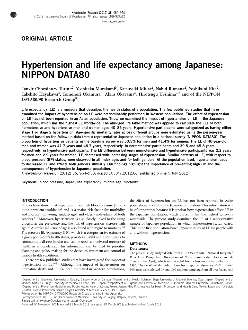 Hypertension and Life Expectancy Among Japanese: NIPPON DATA80