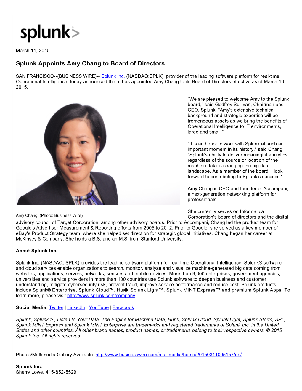 Splunk Appoints Amy Chang to Board of Directors