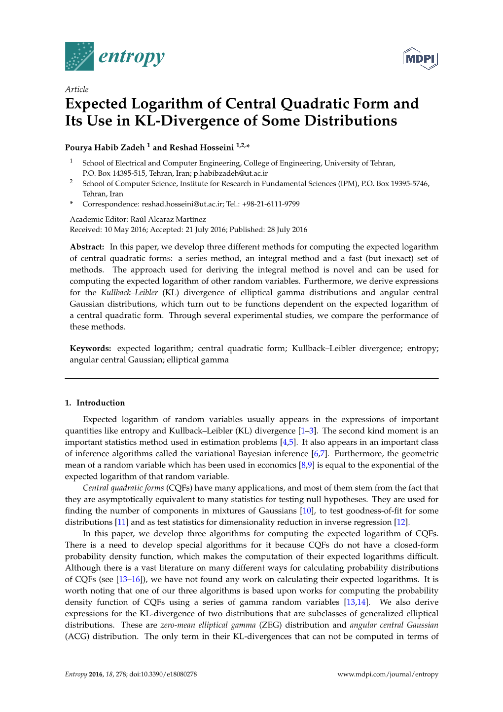 Expected Logarithm of Central Quadratic Form and Its Use in KL-Divergence of Some Distributions