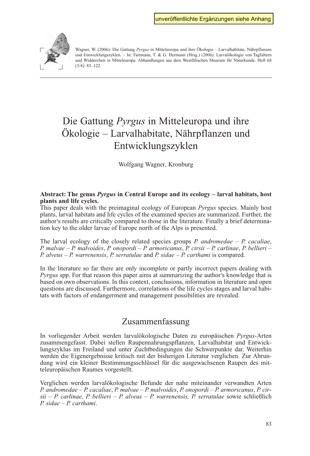 Die Gattung Pyrgus in Mitteleuropa Und Ihre Ökologie – Larvalhabitate, Nährpflanzen Und Entwicklungszyklen