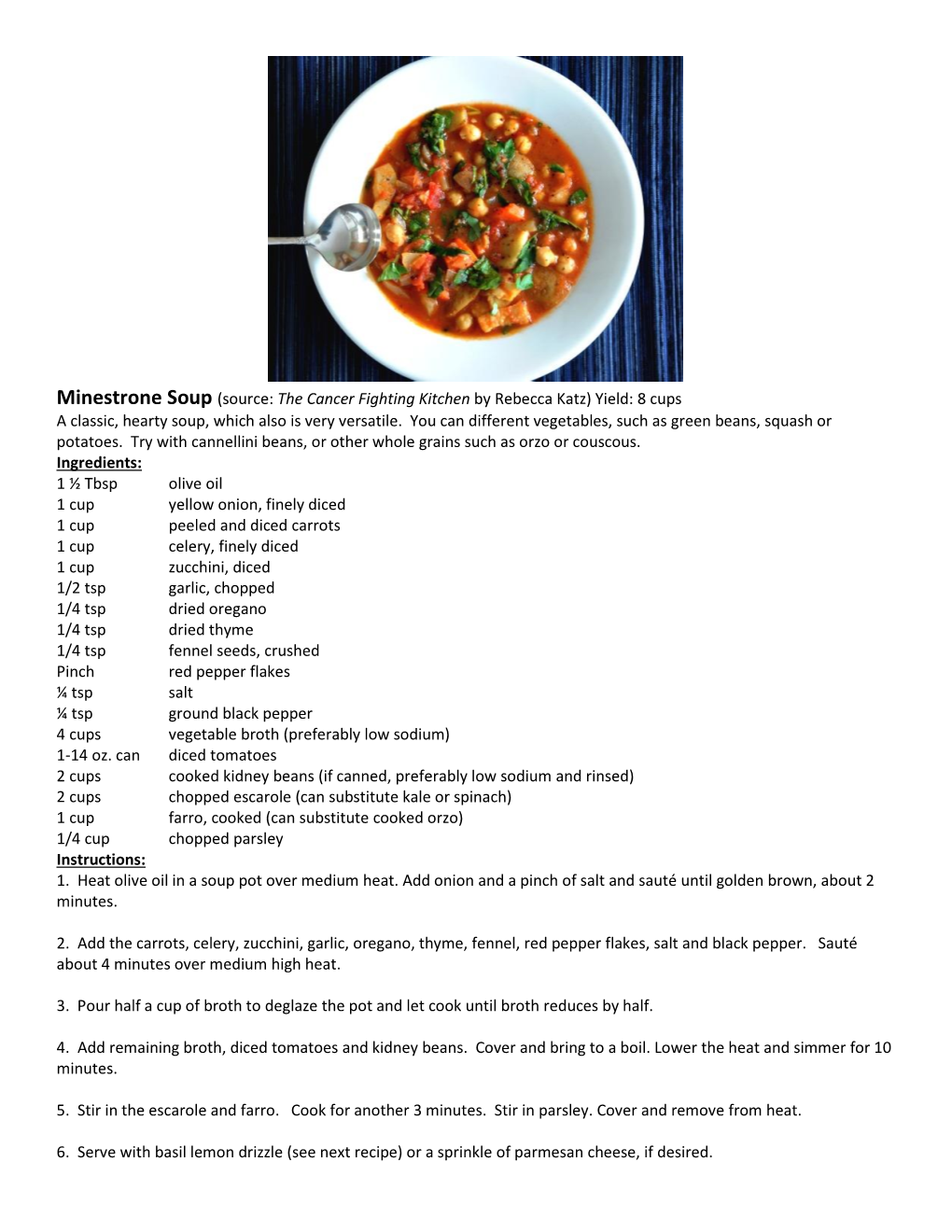 Minestrone Soup (Source: the Cancer Fighting Kitchen by Rebecca Katz) Yield: 8 Cups a Classic, Hearty Soup, Which Also Is Very Versatile