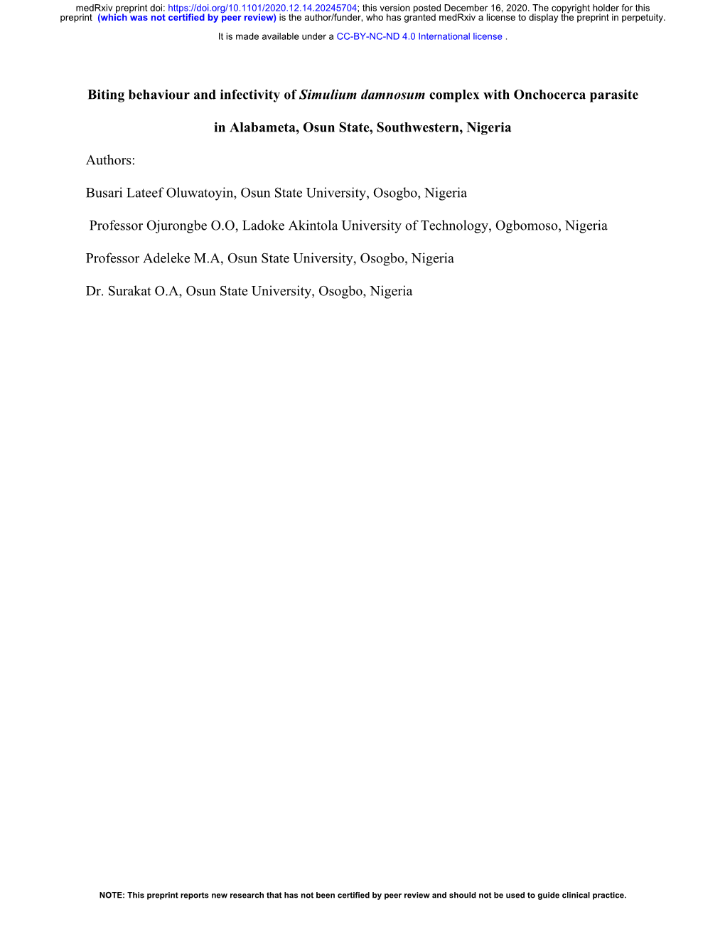 Biting Behaviour and Infectivity of Simulium Damnosum Complex with Onchocerca Parasite