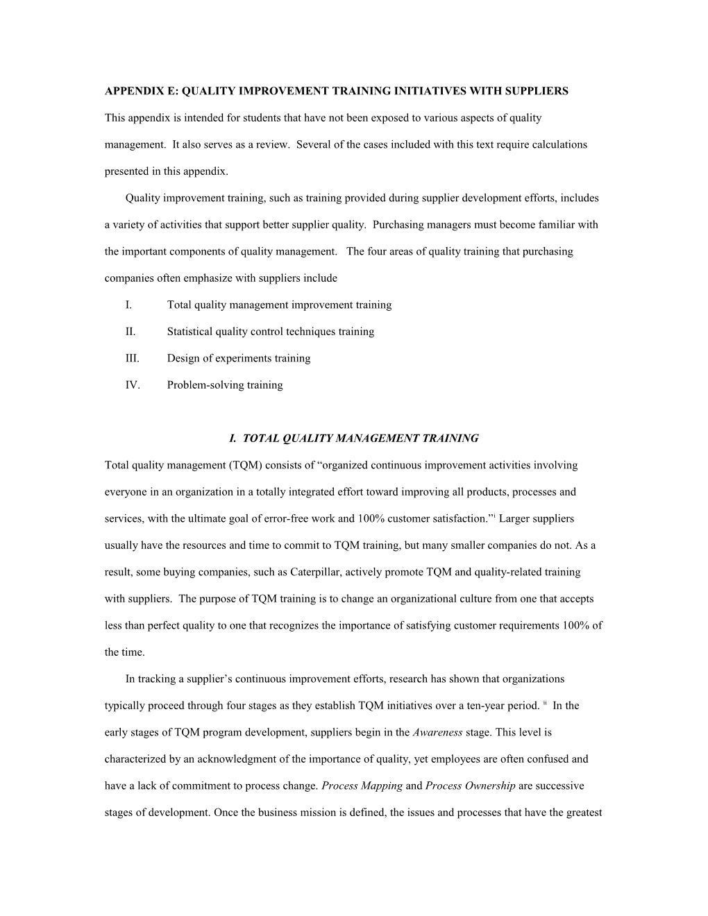 Appendix E: Quality Improvement Training Initiatives with Suppliers