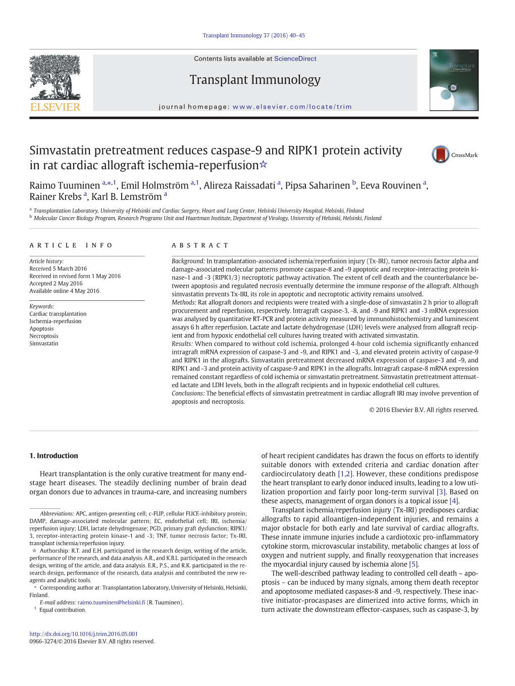 Simvastatin Pretreatment Reduces Caspase-9 and RIPK1 Protein Activity in Rat Cardiac Allograft Ischemia-Reperfusion☆