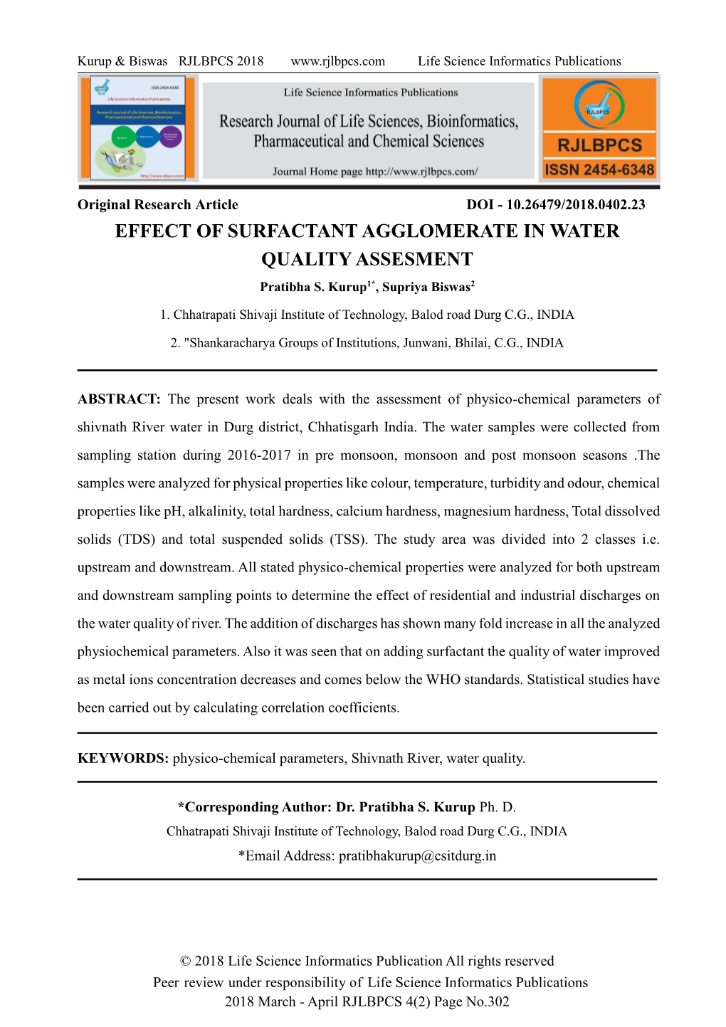 EFFECT of SURFACTANT AGGLOMERATE in WATER QUALITY ASSESMENT Pratibha S
