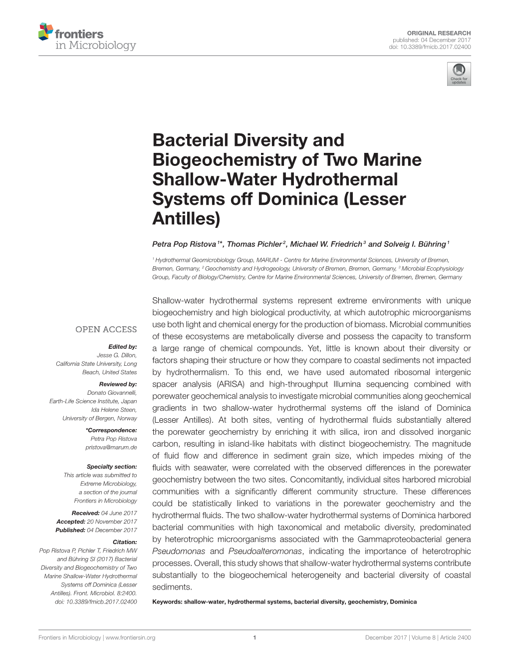 Bacterial Diversity and Biogeochemistry of Two Marine Shallow-Water Hydrothermal Systems Off Dominica (Lesser Antilles)