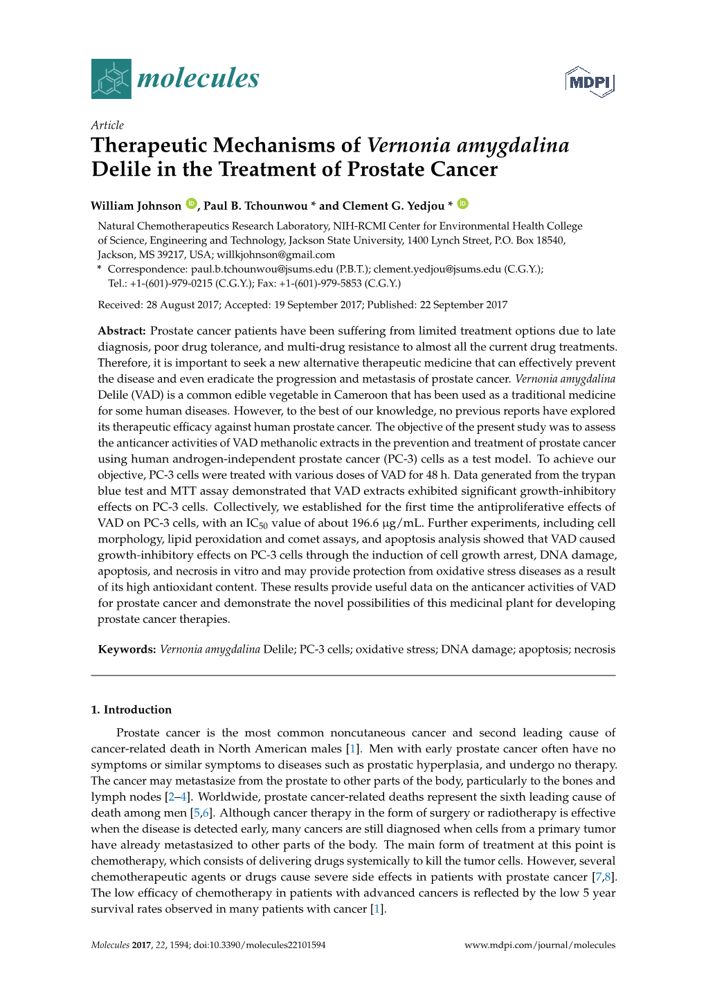 Therapeutic Mechanisms of Vernonia Amygdalina Delile in the Treatment of Prostate Cancer