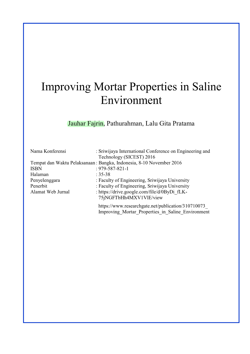Improving Mortar Properties in Saline Environment