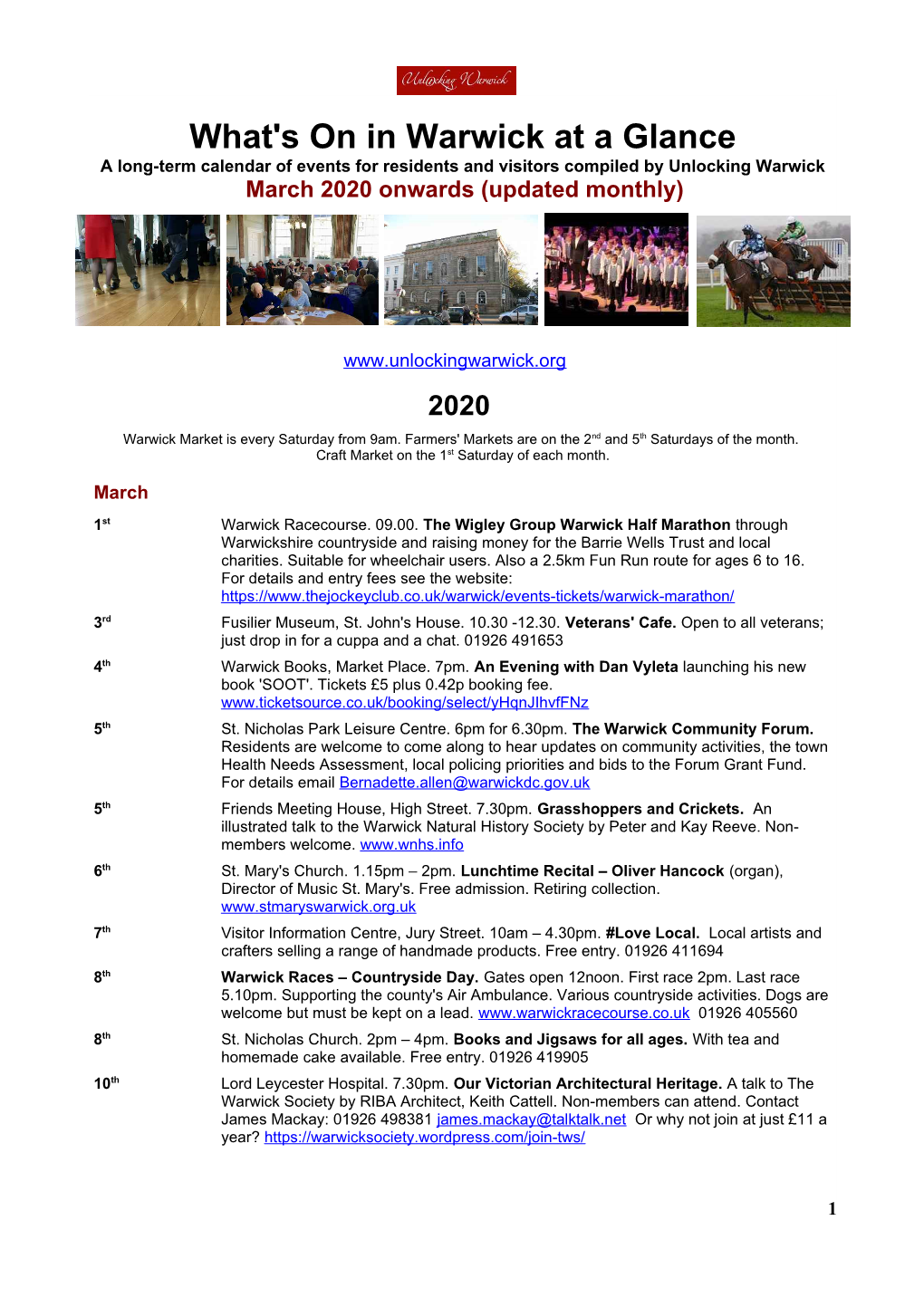 What's on in Warwick at a Glance a Long-Term Calendar of Events for Residents and Visitors Compiled by Unlocking Warwick March 2020 Onwards (Updated Monthly)