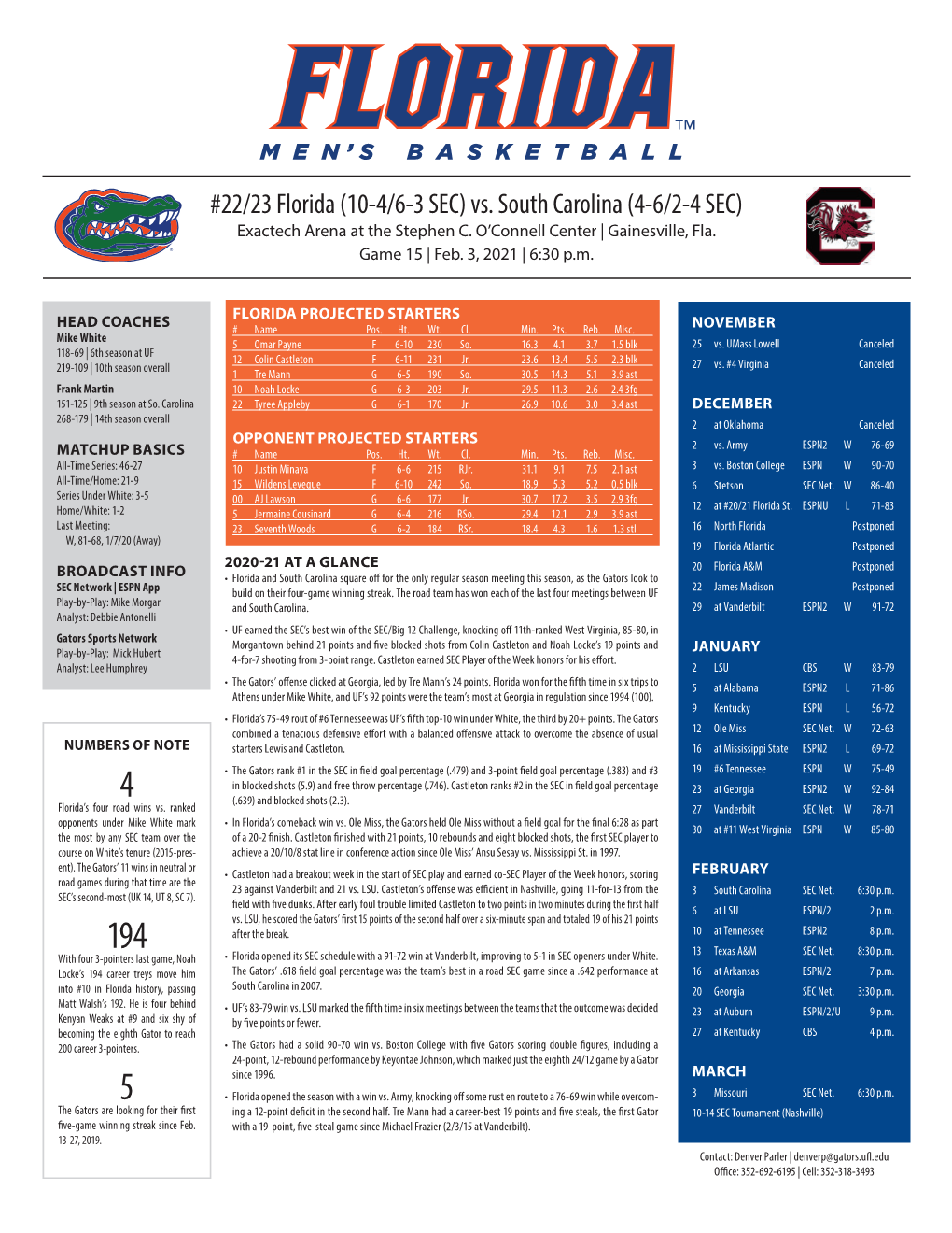 Vs. South Carolina (4-6/2-4 SEC) Exactech Arena at the Stephen C