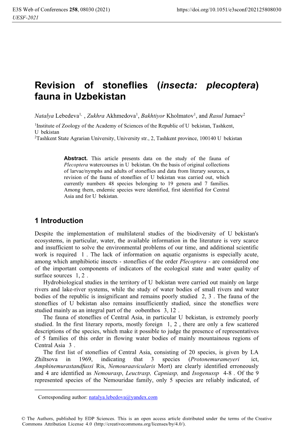 Revision of Stoneflies (Insecta: Plecoptera) Fauna in Uzbekistan