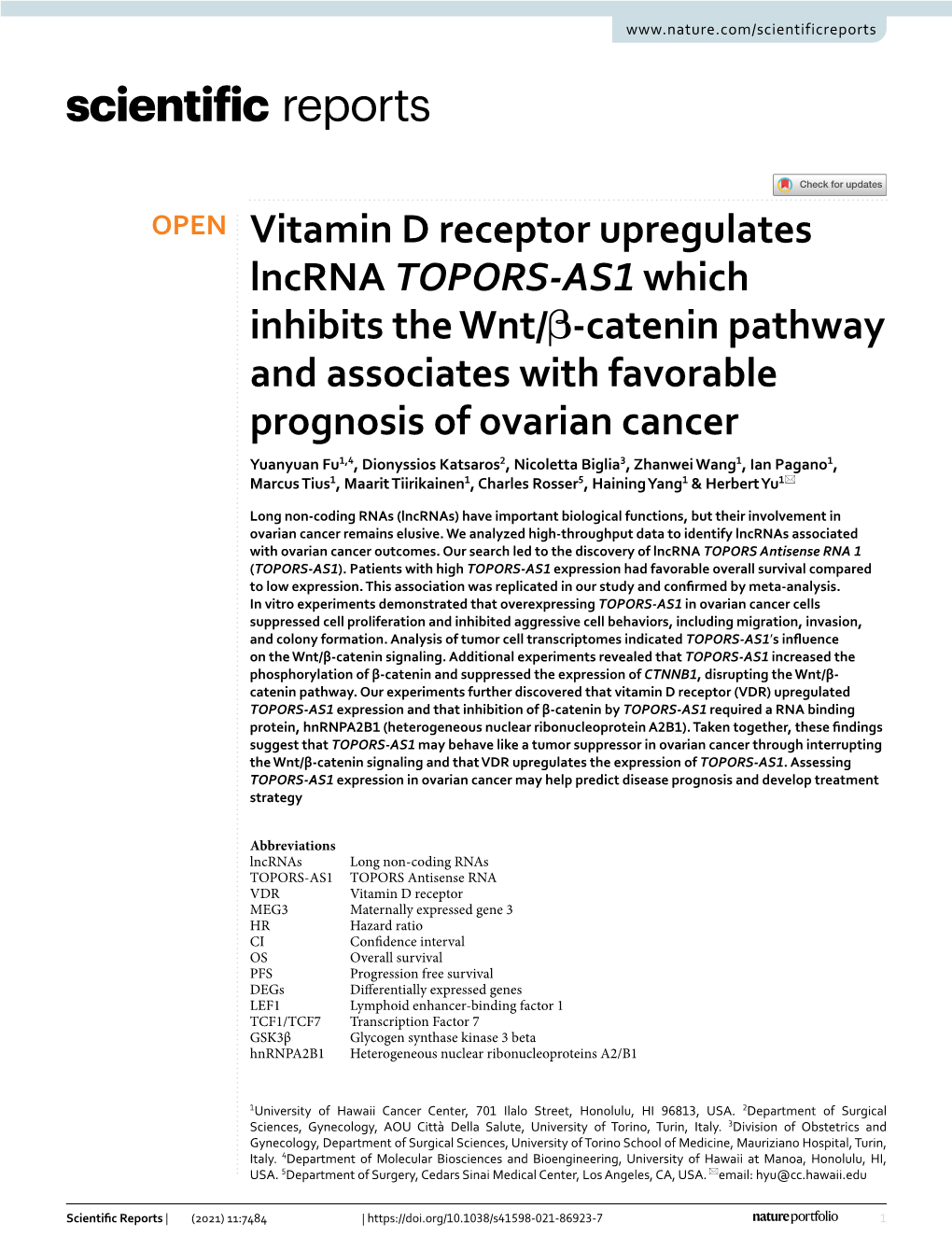 Vitamin D Receptor Upregulates Lncrna TOPORS-AS1