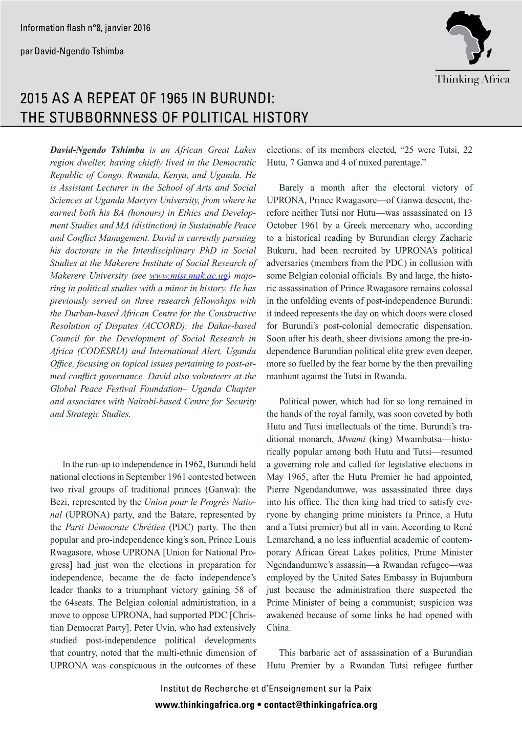 2015 As a Repeat of 1965 in Burundi: the Stubbornness of Political History