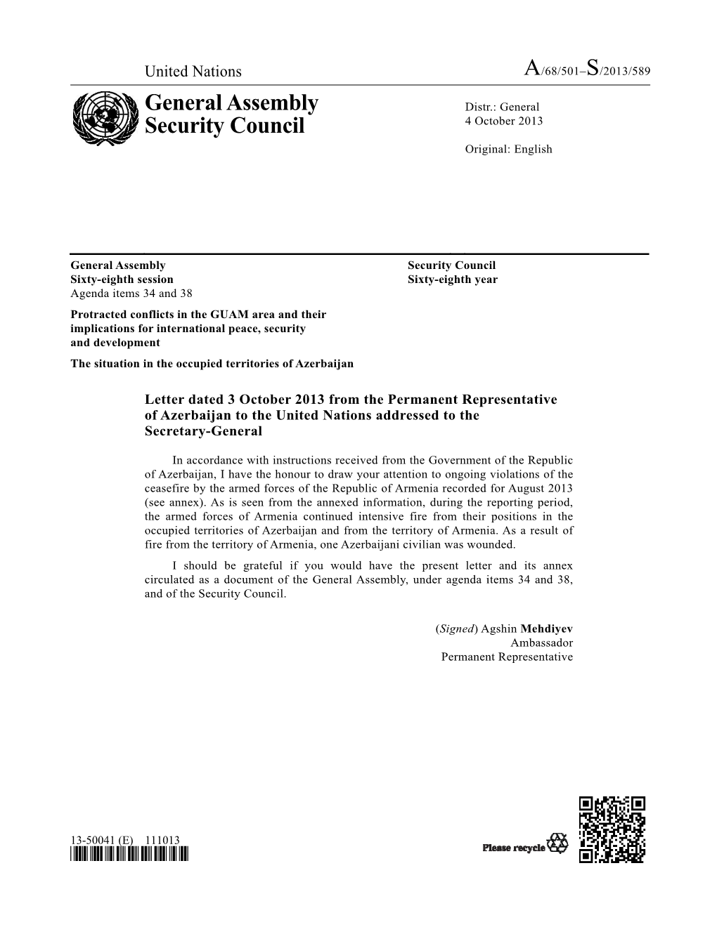A/68/501–S/2013/589 General Assembly Security Council