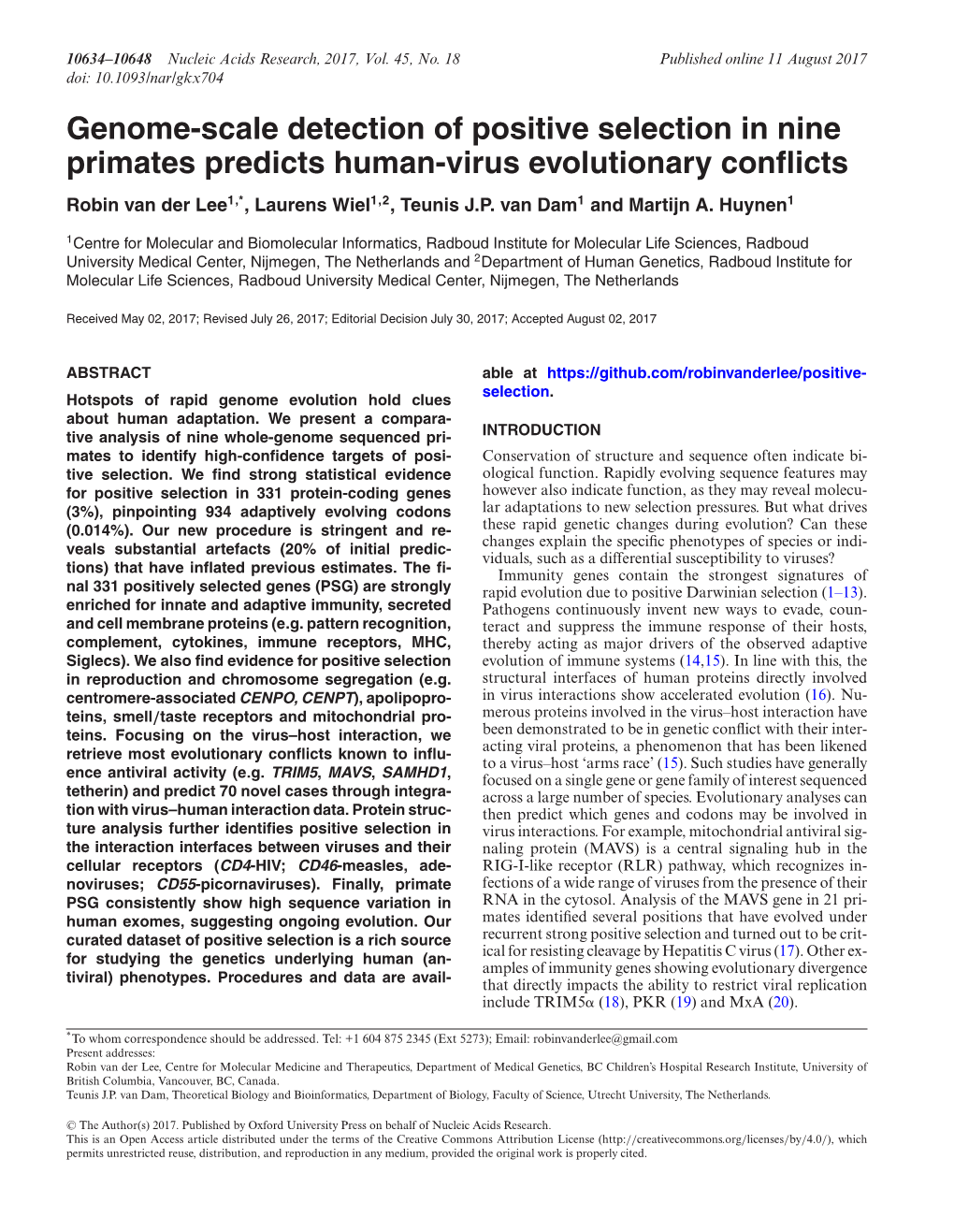 Genome-Scale Detection of Positive Selection in Nine Primates Predicts Human-Virus Evolutionary Conflicts