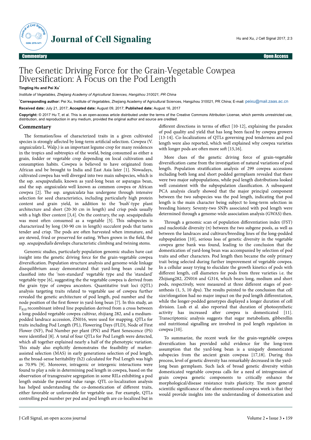 The Genetic Driving Force for the Grain-Vegetable Cowpea Diversification: a Focus on the Pod Length