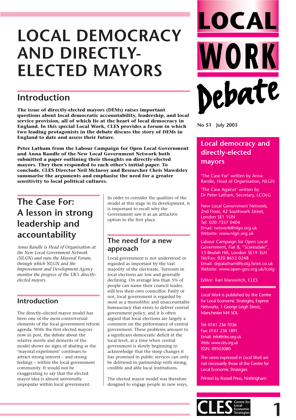 Local Democracy and Directly- Elected Mayors