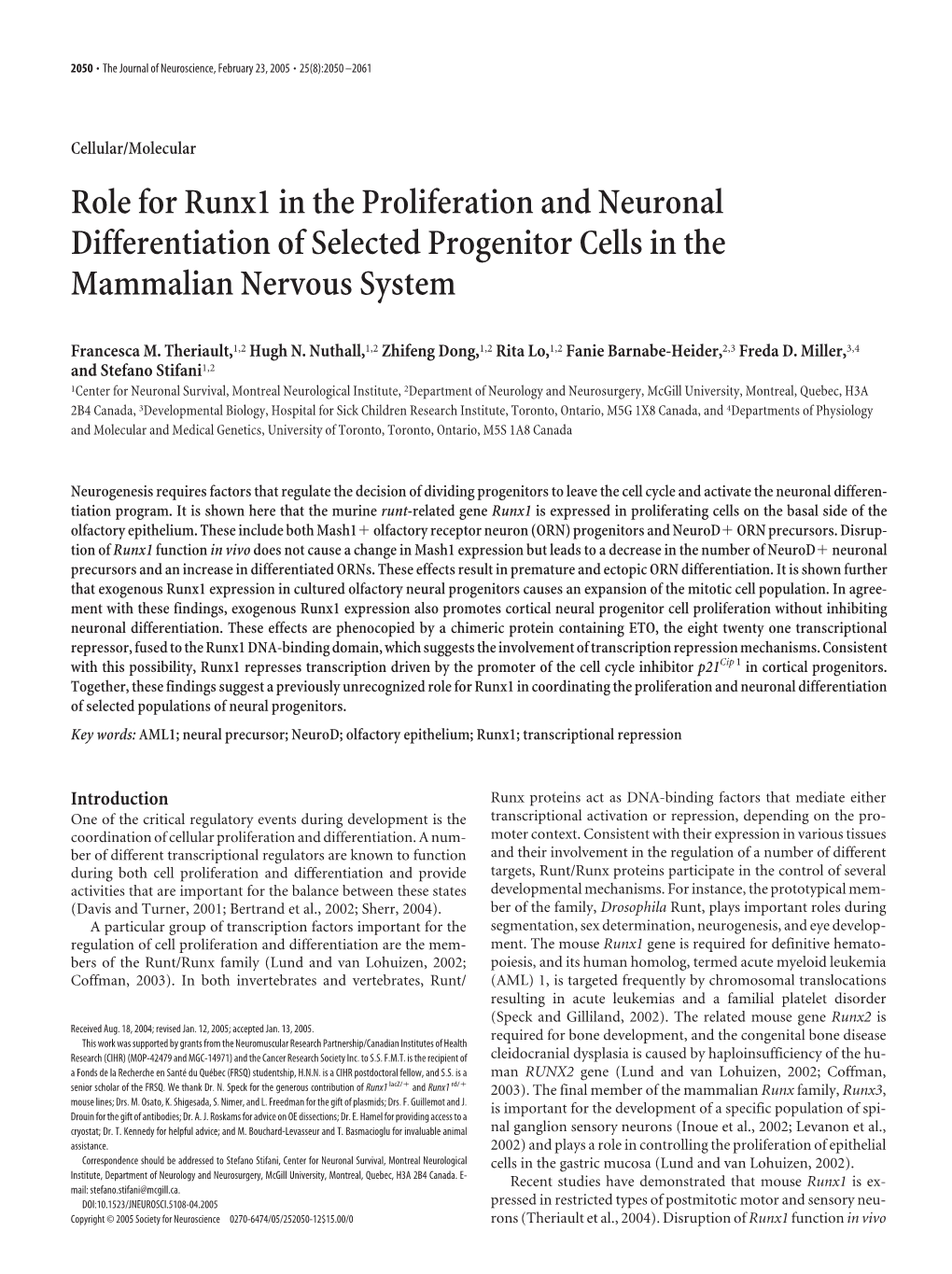 Role for Runx1 in the Proliferation and Neuronal Differentiation of Selected Progenitor Cells in the Mammalian Nervous System