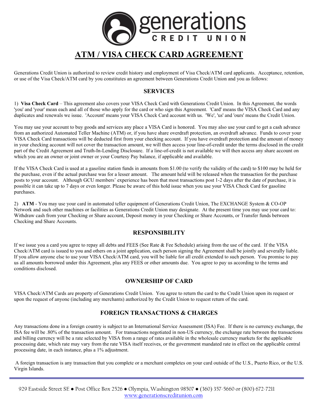 Atm / Visa Check Card Agreement