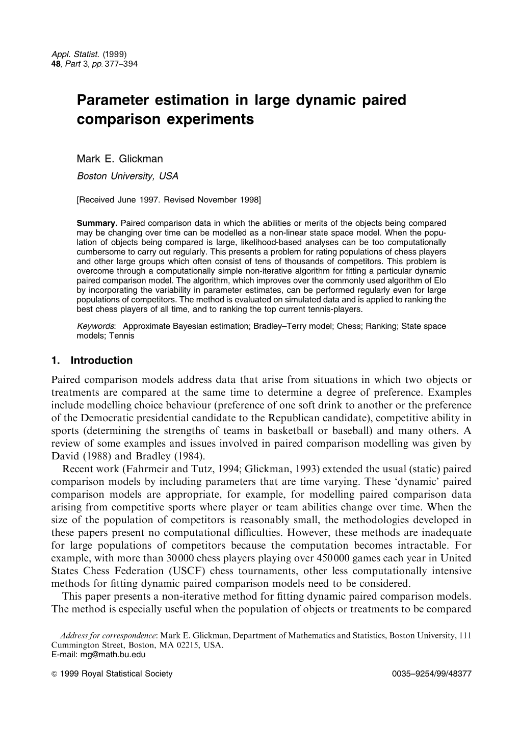Parameter Estimation in Large Dynamic Paired Comparison Experiments