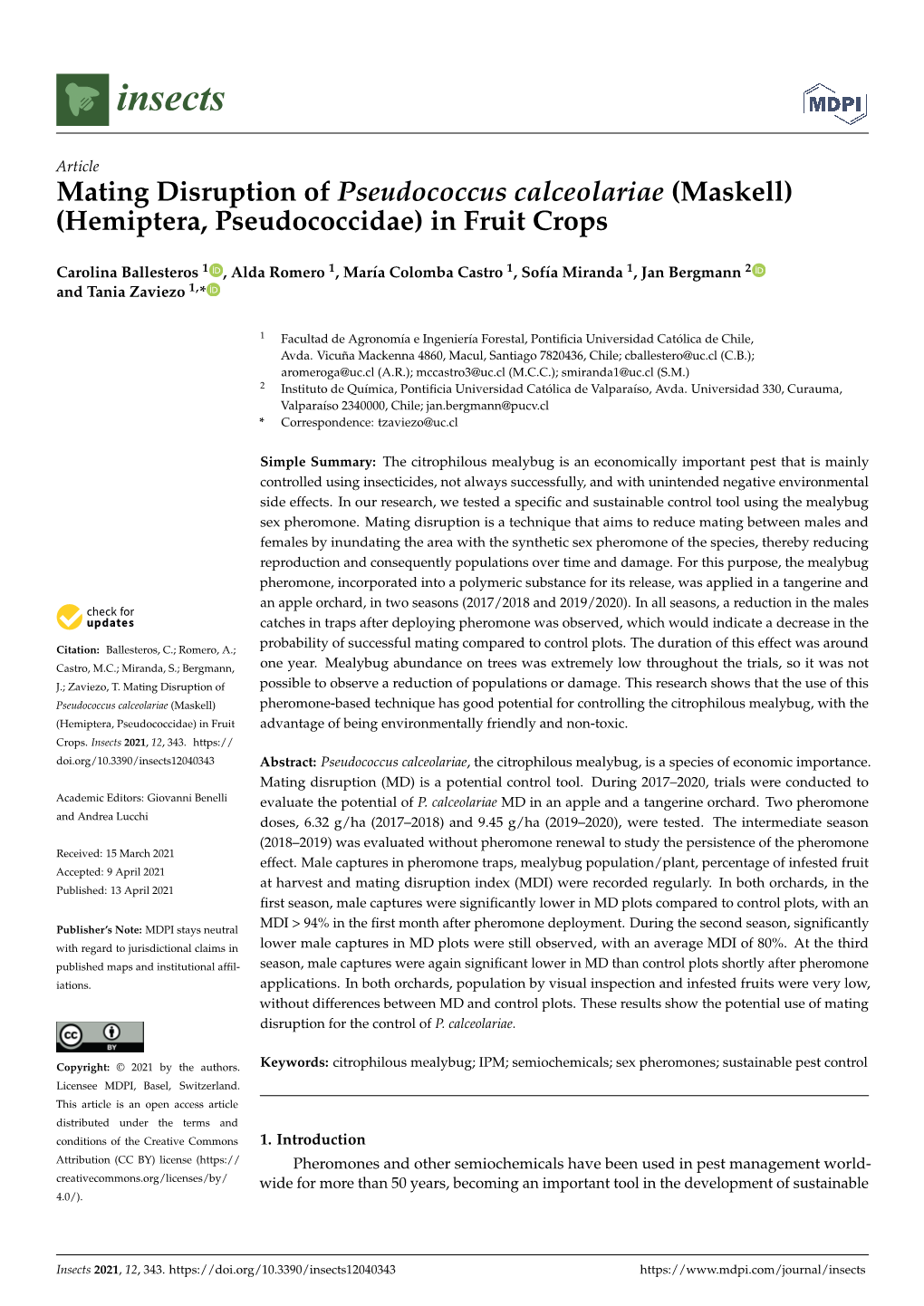 Mating Disruption of Pseudococcus Calceolariae (Maskell) (Hemiptera, Pseudococcidae) in Fruit Crops