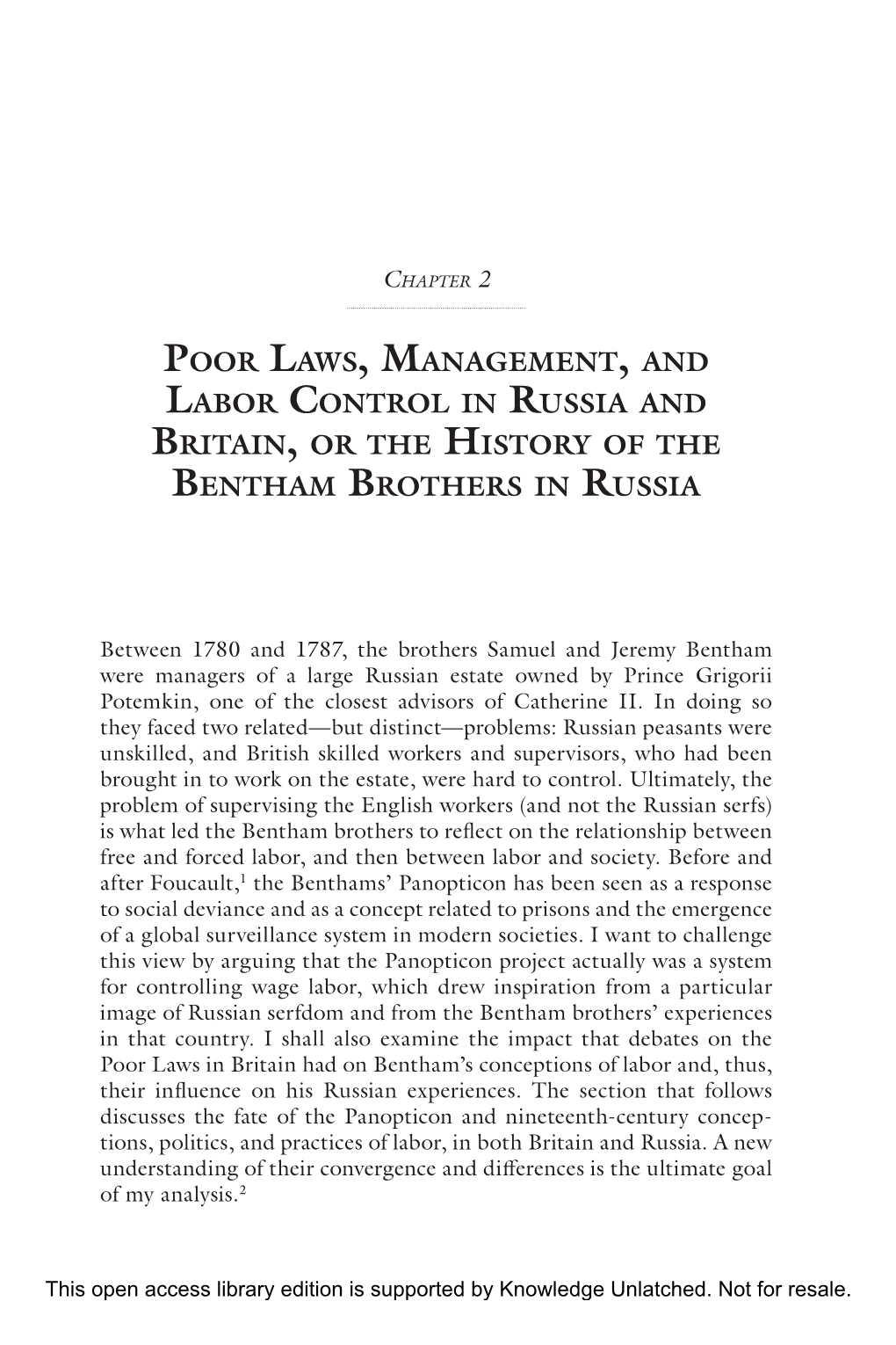 Poor Laws, Management, and Labor Control in Russia and Britain, Or the History of the Bentham Brothers in Russia
