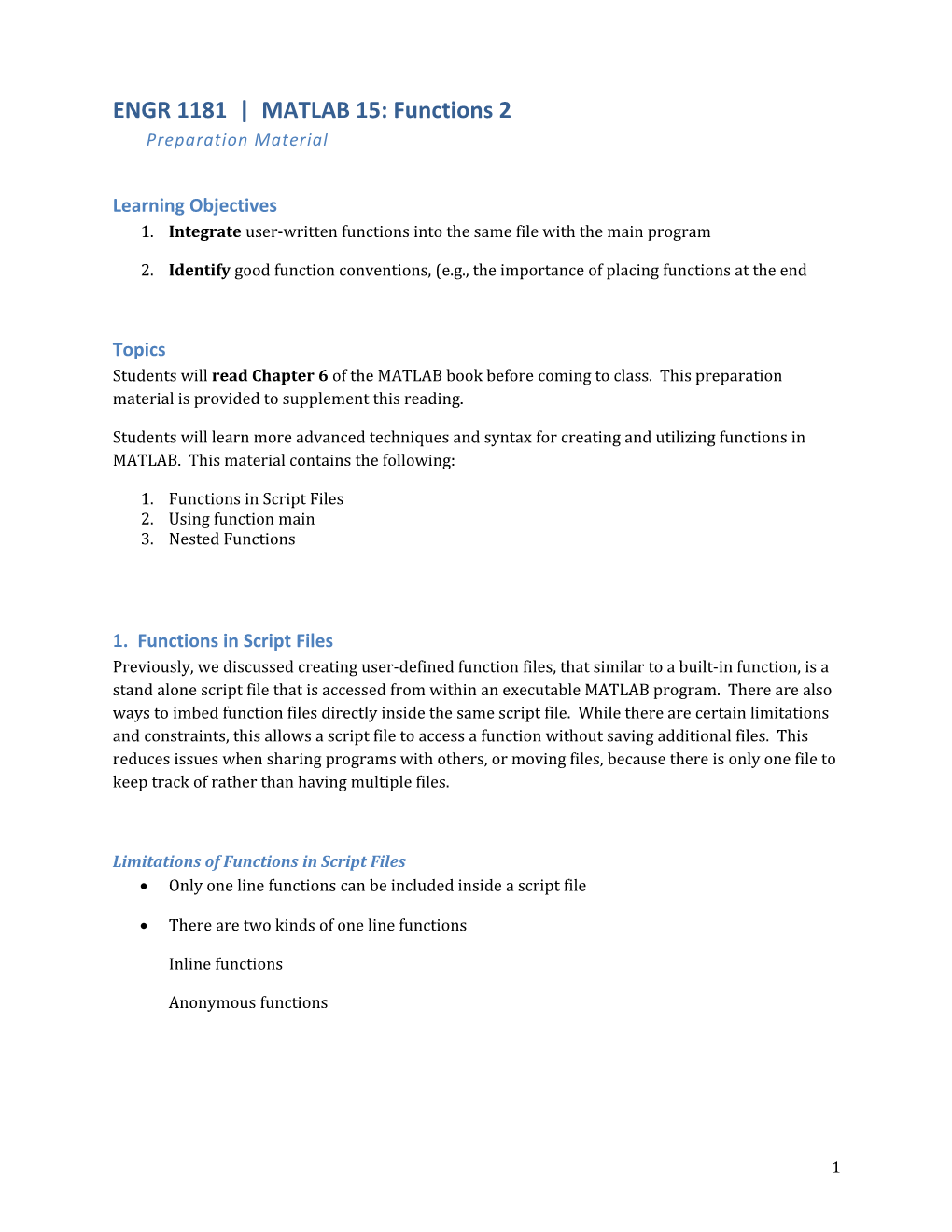 ENGR 1181 MATLAB 15: Functions 2Preparation Material