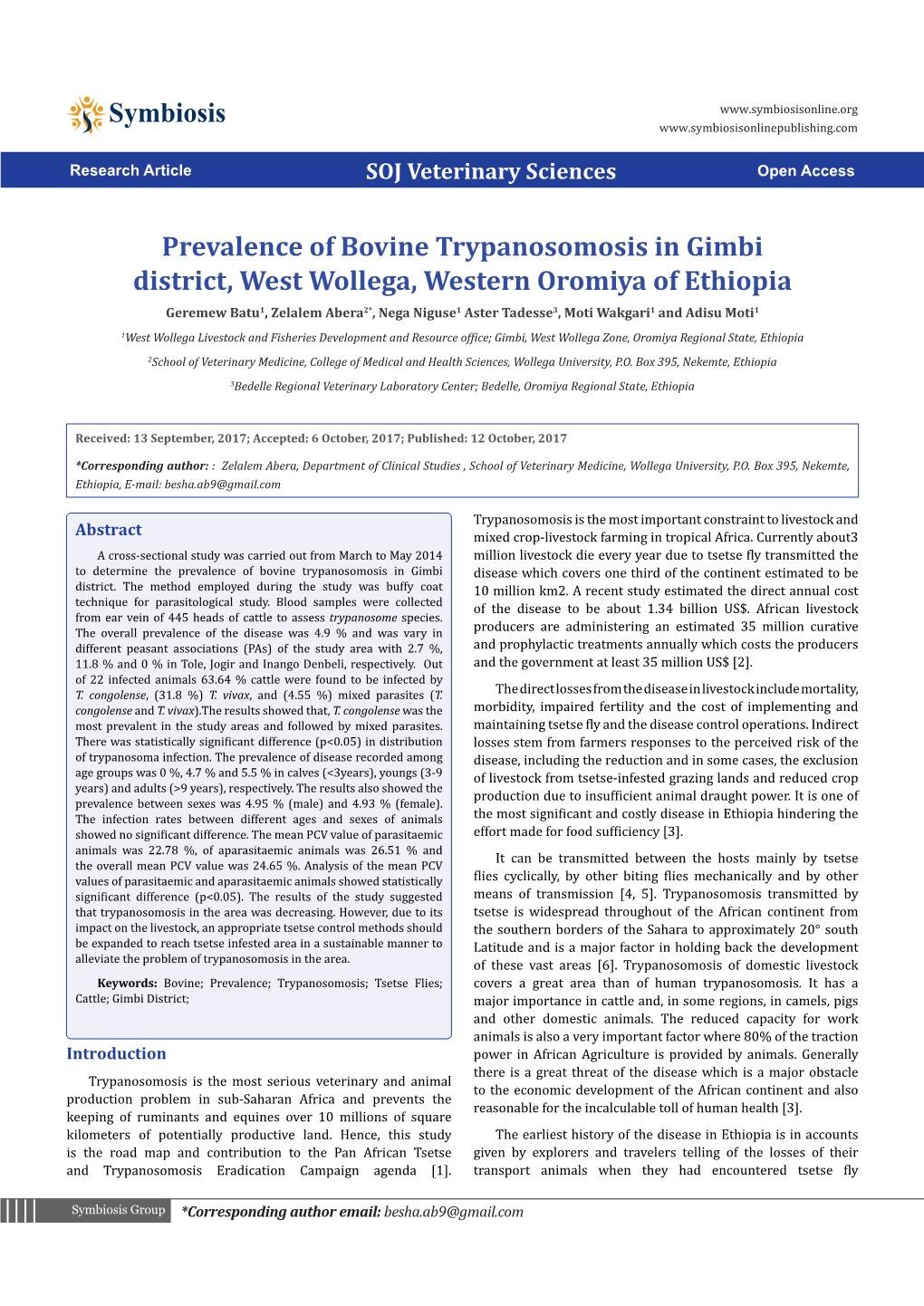 Prevalence of Bovine Trypanosomosis in Gimbi District, West Wollega, Western Oromiya of Ethiopia