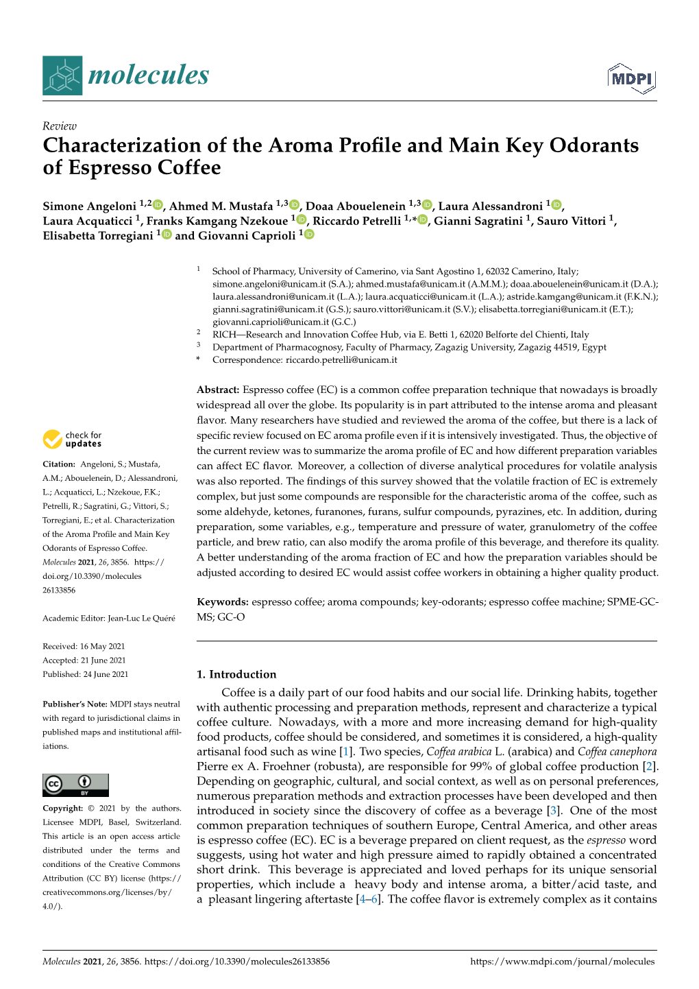 Characterization of the Aroma Profile and Main Key Odorants of Espresso