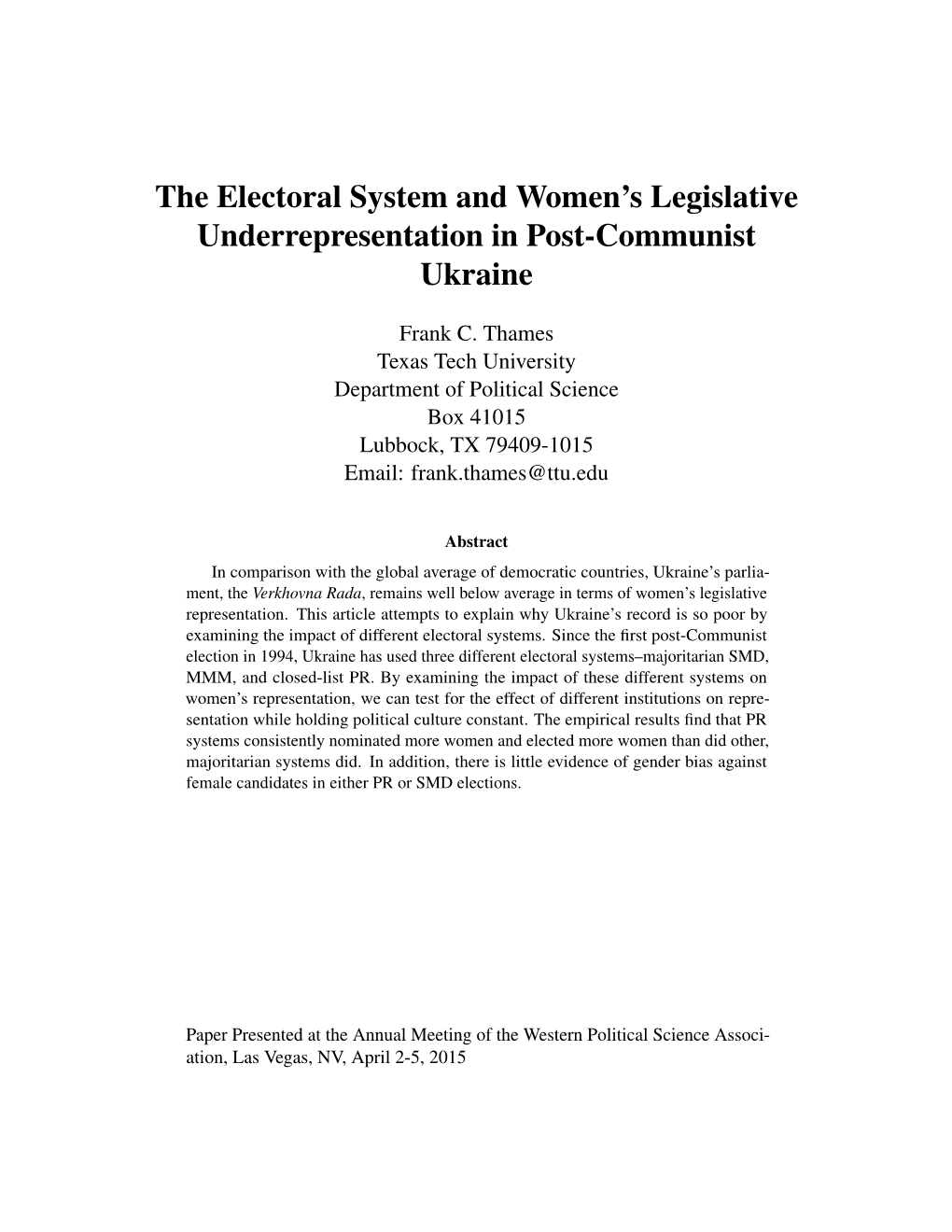 The Electoral System and Women's Legislative Underrepresentation In
