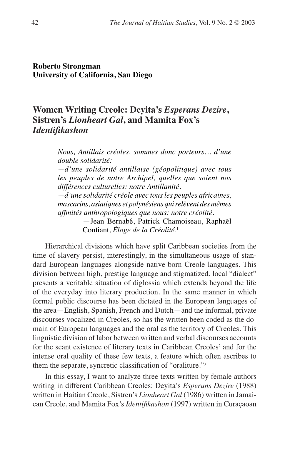 Women Writing Creole: Deyitaʼs Esperans Dezire, Sistrenʼs Lionheart Gal, and Mamita Foxʼs Identifikashon