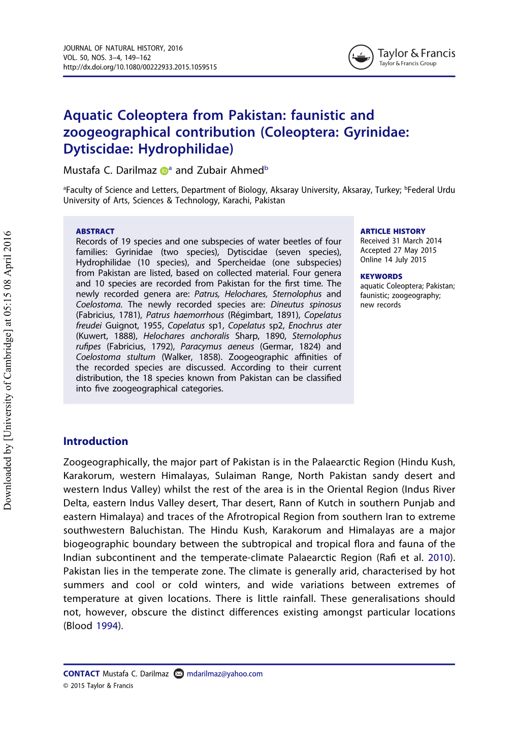 Aquatic Coleoptera from Pakistan: Faunistic and Zoogeographical Contribution (Coleoptera: Gyrinidae: Dytiscidae: Hydrophilidae) Mustafa C