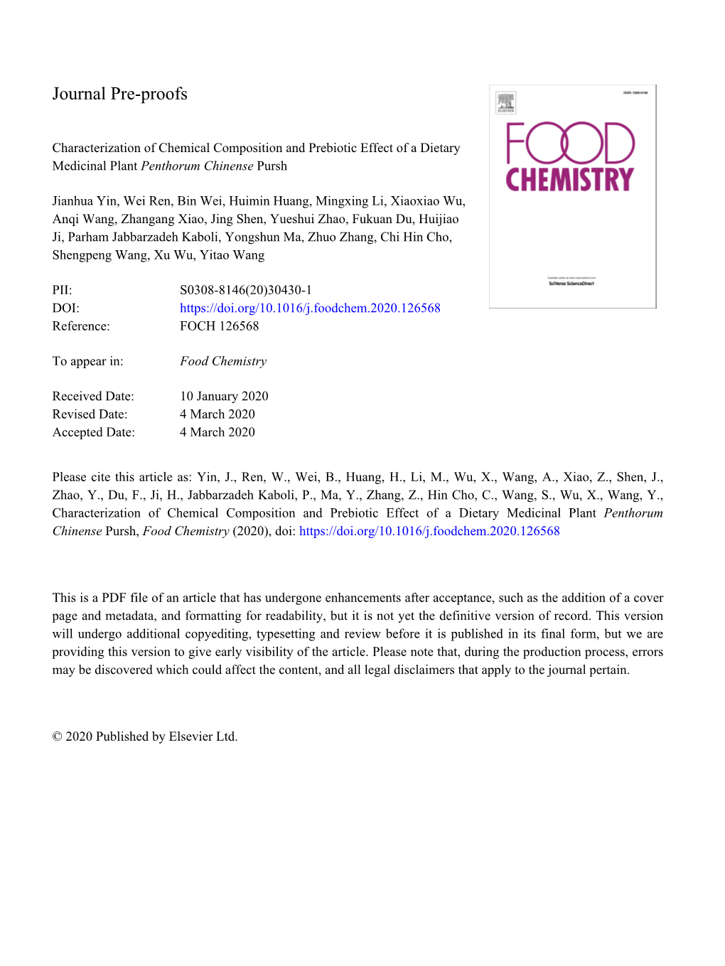 Characterization of Chemical Composition and Prebiotic Effect of a Dietary Medicinal Plant Penthorum Chinense Pursh