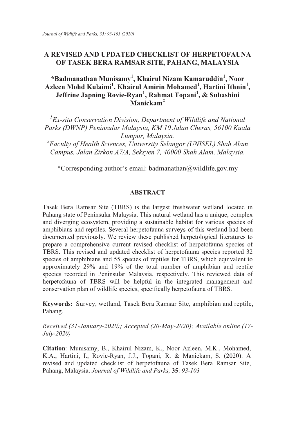 A Revised and Updated Checklist of Herpetofauna of Tasek Bera Ramsar Site, Pahang, Malaysia